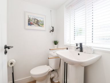 A bathroom with a toilet sink and window with blinds at Rydal Rock in Ambleside