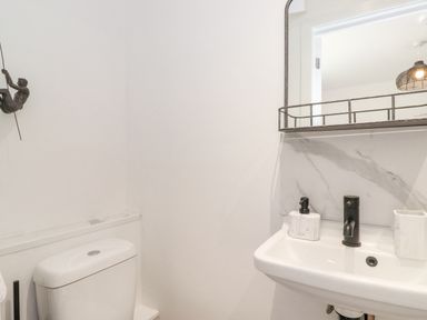 A bathroom with a toilet a sink with soap dispenser toothbrush holder and a mirror at Rydal Rock in Ambleside