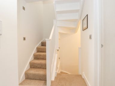 A carpeted staircase with white walls and handrails at Rydal Rock in Ambleside