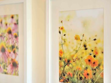 Two framed pictures of flowers on a wall at House on the Green in Chipping Norton