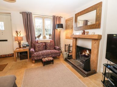 A living room with a fireplace a patterned loveseat a floor lamp a side table with a lamp and books and a television on a stand at Green Pump Cottage in Blockley