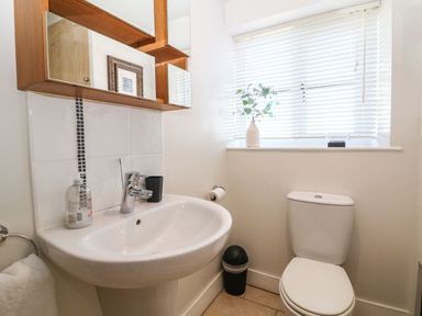 A bathroom with a sink a toilet a small trash bin and a window with blinds and a plant on the windowsill at Green Pump Cottage in Blockley