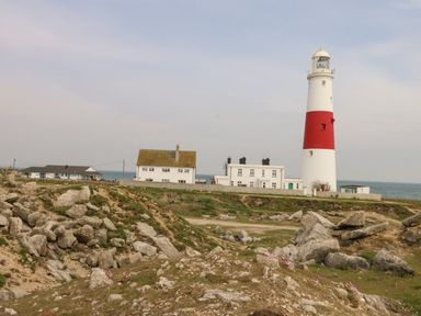 A lighthouse and white buildings near the sea with rocky terrain in the foreground at Pebbles Reach in Fortuneswell