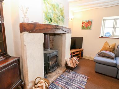 A living room with a wood-burning stove fireplace and a television near a window at Carters Cottage in Stow-on-the-Wold