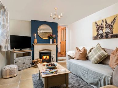 A living room with a fireplace a television and a sofa with cushions at Eastnor in Moreton-in-Marsh