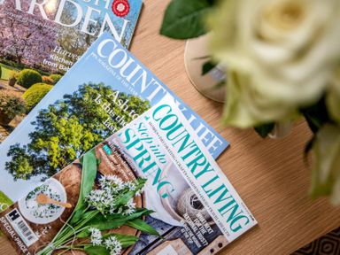 Magazines on a wooden table next to a vase with white flowers at Wall Cottage in Burford