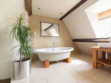 A bathroom with a bathtub a potted plant a wall mirror and a wooden vanity at Little Gables in Broadway