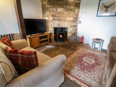A living room with a stone fireplace a television on a wooden stand sofas and a patterned rug at Red Fawn Cottage in Blockley