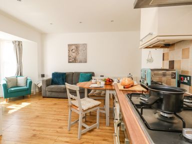 A kitchen and living room area with a stove and pot in the kitchen and a dining table with chairs and sofa in the living room at Marina Reach in Weymouth