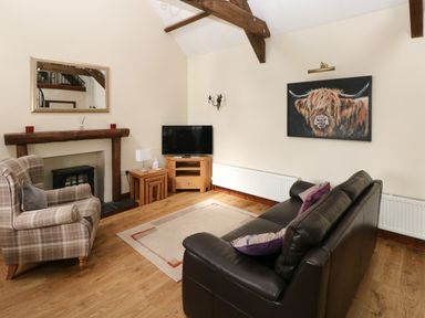 A living room with a brown leather sofa and a plaid armchair a wooden fireplace mantel a television on a wooden stand and a painting of a highland cow at The Old Dairy in Maenclochog