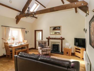 A living room with a brown leather sofa a plaid armchair a wooden dining table a TV on a wooden stand and wooden ceiling beams at The Old Dairy in Maenclochog