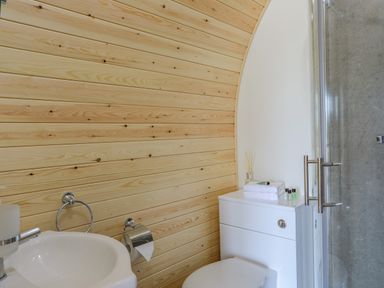 A bathroom with a sink toilet and glass shower at Caban Cariad in Bryngwran near Bodedern