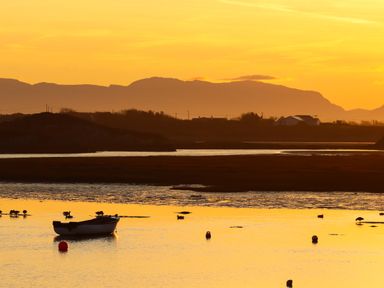 A boat on water with birds and hills in the background at Caban Cariad in Bryngwran near Bodedern