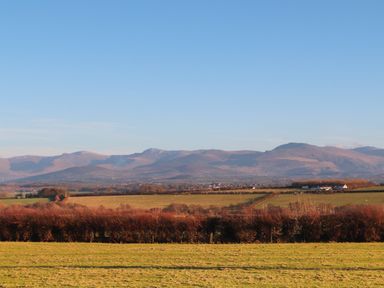 A grassy field with bushes in front of distant mountains under a clear blue sky at Caban Cariad in Bryngwran near Bodedern