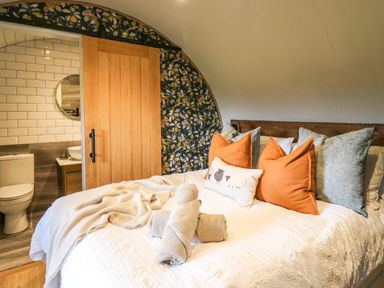 A bedroom with a bed and orange and gray pillows next to a bathroom with a sliding wooden door at Tan Y Wawr - Derwen in Llanfair Caereinion