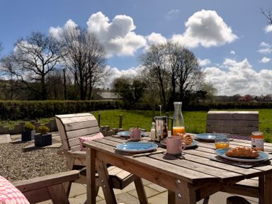 A garden with a wooden table set for breakfast at Pensarngerrig in Rhydlewis