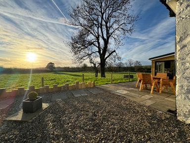 An outdoor area with a tree and seating at Pensarngerrig Rhydlewis