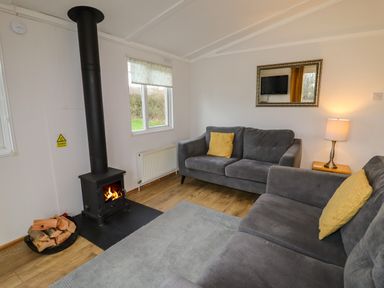 A living room with two gray sofas and a wood burning stove at Wayside Lodge in Aston On Clun