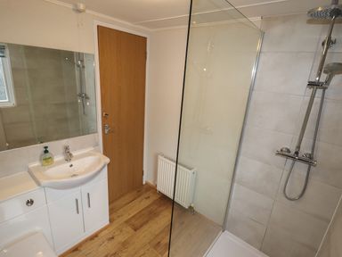 A bathroom with a sink and mirror a wooden door a shower area with glass partition and shower head and a radiator on a wooden floor at Wayside Lodge in Aston On Clun