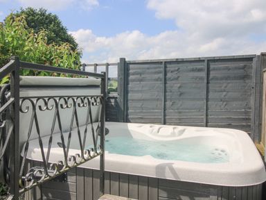 An outdoor hot tub with a black metal railing and wooden fencing at Wayside Lodge in Aston On Clun