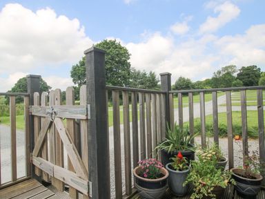 A wooden deck with a gate and potted plants overlooking a grassy area at Wayside Lodge in Aston On Clun