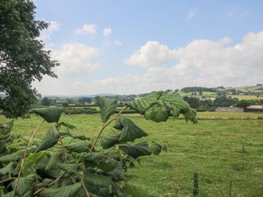 A countryside landscape with green fields and hills under a partly cloudy sky at Wayside Lodge in Aston On Clun