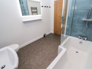 A bathroom with a bathtub shower combination a toilet a sink a mirror radiator and a wooden door at Tredarn in Connor Downs