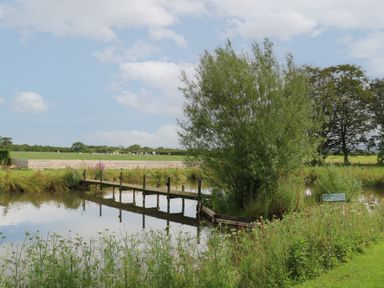 A wooden footbridge over a pond with trees grass and flowers at Ruperts Retreat in Nateby near Garstang