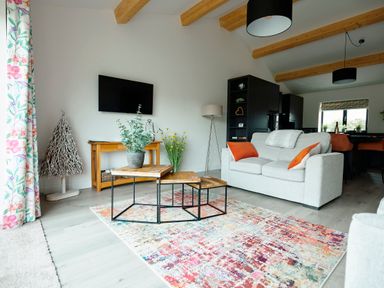 A living room with a light gray sofa and orange cushions a wooden coffee table and a colorful rug at Ingleborough Lodge in Rathmell near Settle