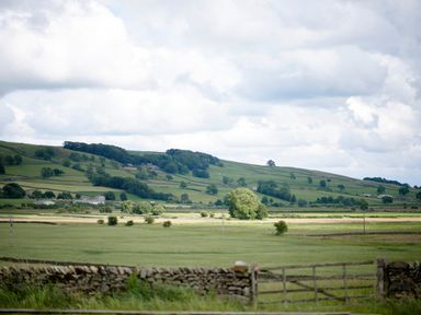 A rural landscape with fields trees stone walls and hills under a cloudy sky at Ingleborough Lodge in Rathmell near Settle