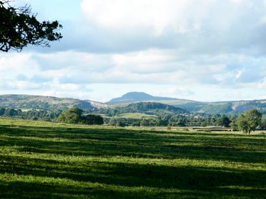 A green field with trees and hills under a cloudy sky at Ingleborough Lodge in Rathmell near Settle