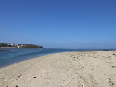 A sandy beach with some shells and seaweed next to a calm blue body of water with land and buildings in the background at Crosswinds 68 in Bembridge