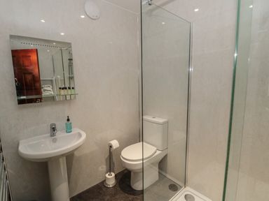 A bathroom with a pedestal sink a toilet a shower with glass walls and a wall mirror at Barnacre Longhirst near Morpeth