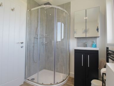A bathroom with a shower and sink at 65 Channel View Ilfracombe