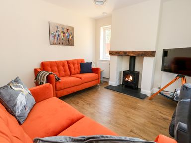 A living room with orange sofas a wood burning stove and a TV at The Chocolate Box in Weymouth