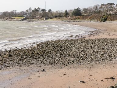 A shoreline with sand and rocks along a curved beach and trees in the background at Gwel Y Mor in Beaumaris