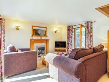 A living room with two sofas a fireplace a television and floral curtains at Miller's Lodge in St Keyne near Liskeard
