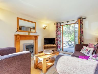 A living room with a television wooden coffee table fireplace and open door to outside at Millers Lodge in St Keyne near Liskeard
