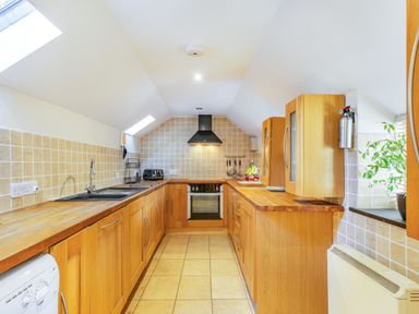 A kitchen with wooden cabinets and countertops a sink a toaster an oven and a plant at Millers Lodge in St Keyne near Liskeard