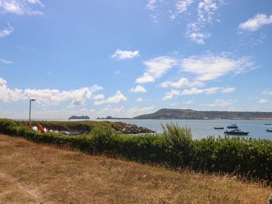 A coastal view with boats on the water bushes and grass in the foreground and hills in the distance at Sandpiper in Weymouth