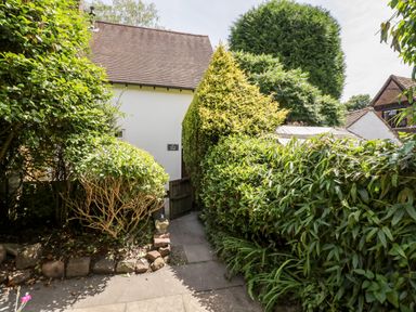 A narrow garden path lined with hedges leading to a white house with a tiled roof at Hock-tide Cottage in Kenilworth