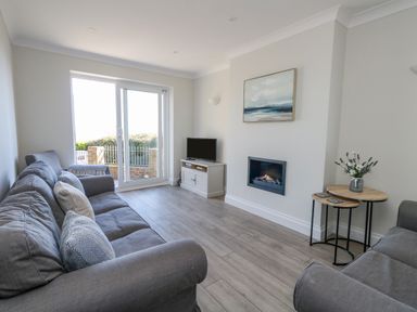 A living room with two grey sofas a small table with flowers a wall mounted fireplace and a tv on a cabinet at Castle Cove Cottage in Weymouth