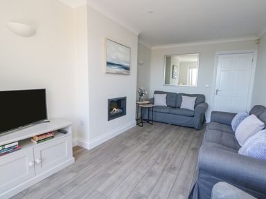 A living room with two gray sofas a wall-mounted painting a fireplace a television on a cabinet and a mirror on the wall at Castle Cove Cottage in Weymouth