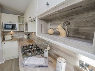 A kitchen with a gas stove microwave kettle and toaster with a wooden squirrel decoration in an inset shelf at No 27 The Crab Pot in Runswick Bay near Staithes