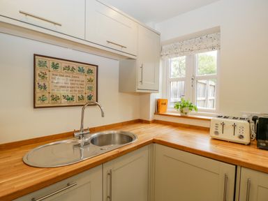 A kitchen corner with a sink a toaster a plant and a window at Primrose Cottage in Winchcombe
