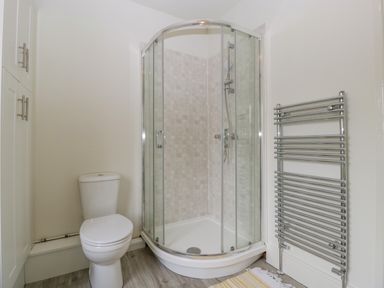 A bathroom with a toilet a corner shower with glass doors and a wall-mounted towel radiator at Primrose Cottage in Winchcombe