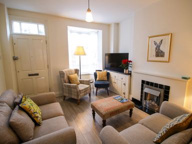 A living room with two sofas an armchair a blue chair and a coffee table at Primrose Cottage in Winchcombe