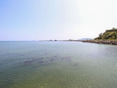 A coastal scene with calm water rocky shoreline and distant buildings at Blanche Cottage in Brewers Quay Harbour