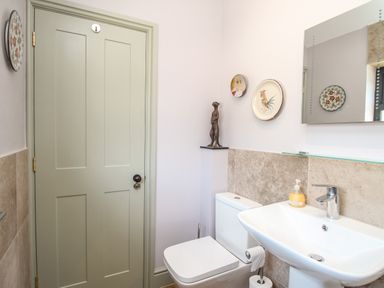 A bathroom with a toilet, sink, soap dispenser, decorative plates, a small statue, and a partially visible mirror at Blanche Cottage in Brewers Quay Harbour