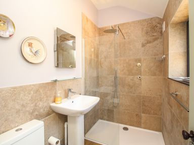 A bathroom with a shower area a sink a toilet and decorative plates on the wall at Blanche Cottage Brewers Quay Harbour